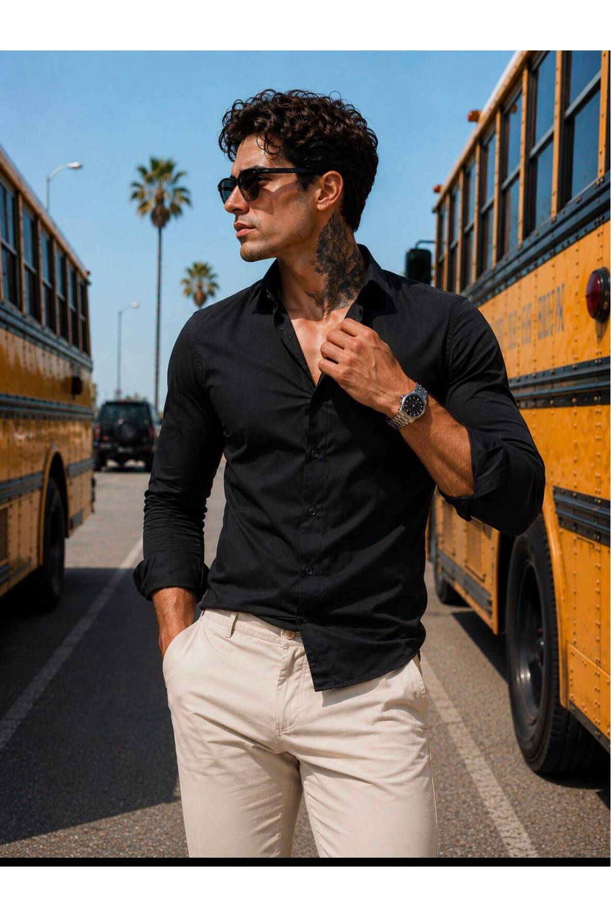 sepetx Herren Premium Baumwollsatin Slim Fit Hemd Schwarz
