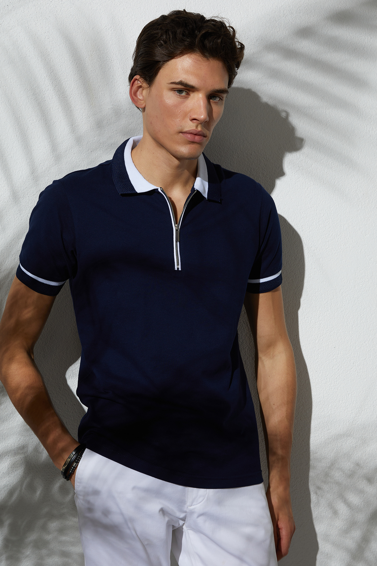Tudors Herren Slim Fit Polo-Shirt aus 100% Baumwolle mit Reißverschluss Dunkelblau